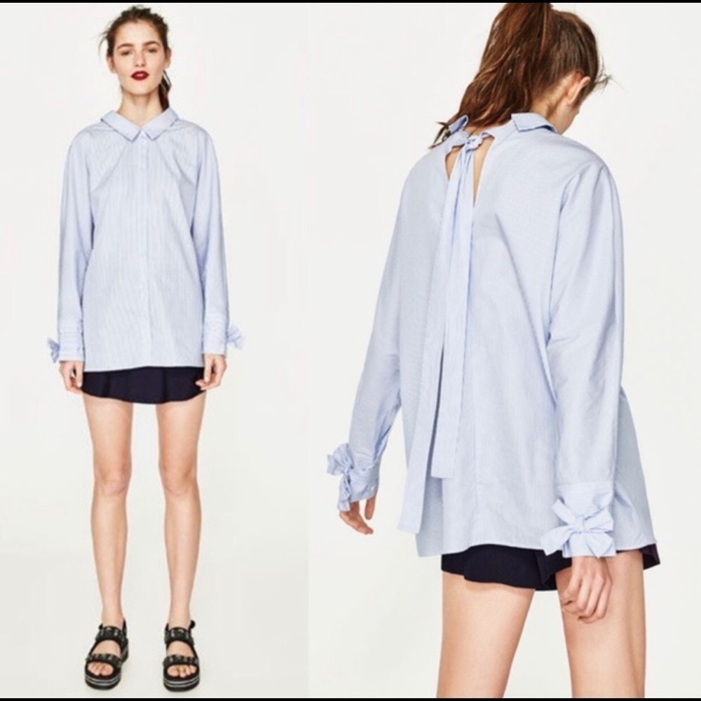 Zara Trafaluc Oversized Pinstriped Bowtie Top